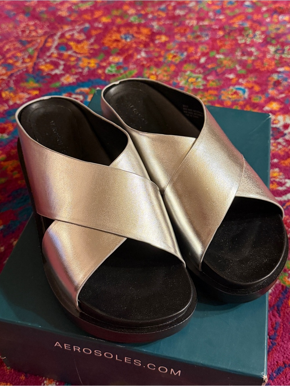 AEROSOLES Women's Metallic Silver Crisscross Slide Sandals